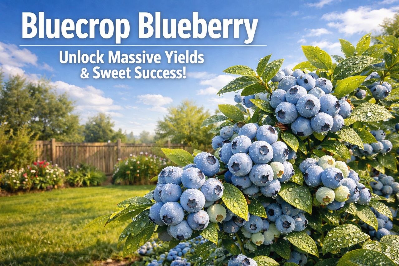 Ripe Bluecrop Blueberry on healthy bush in sunny garden – high chill variety harvest