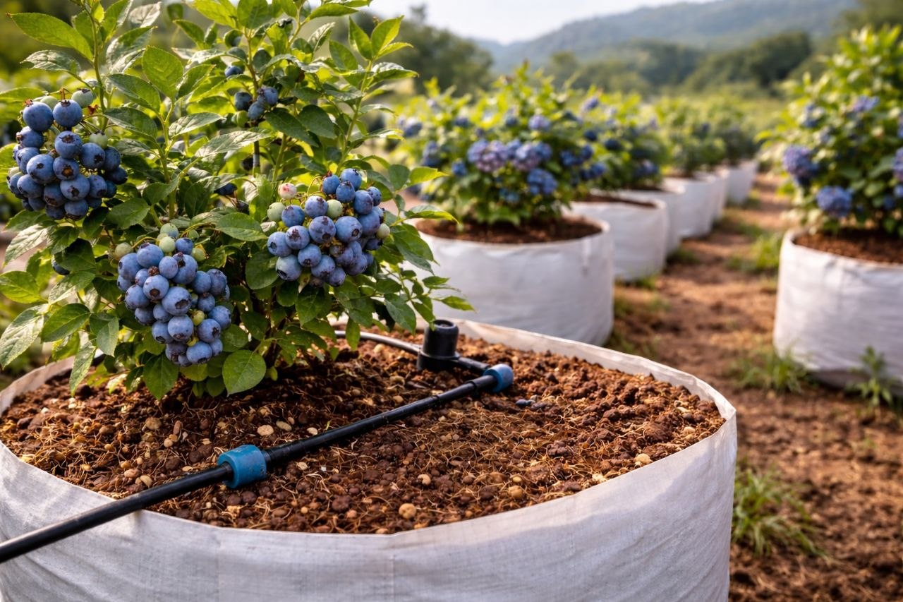 What is Blueberry plant farming in India with ripe berries on bushes
